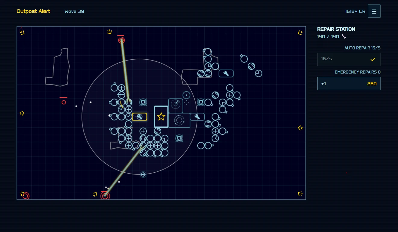 Outpost Alert gameplay showing the outpost with upgrades and incoming waves