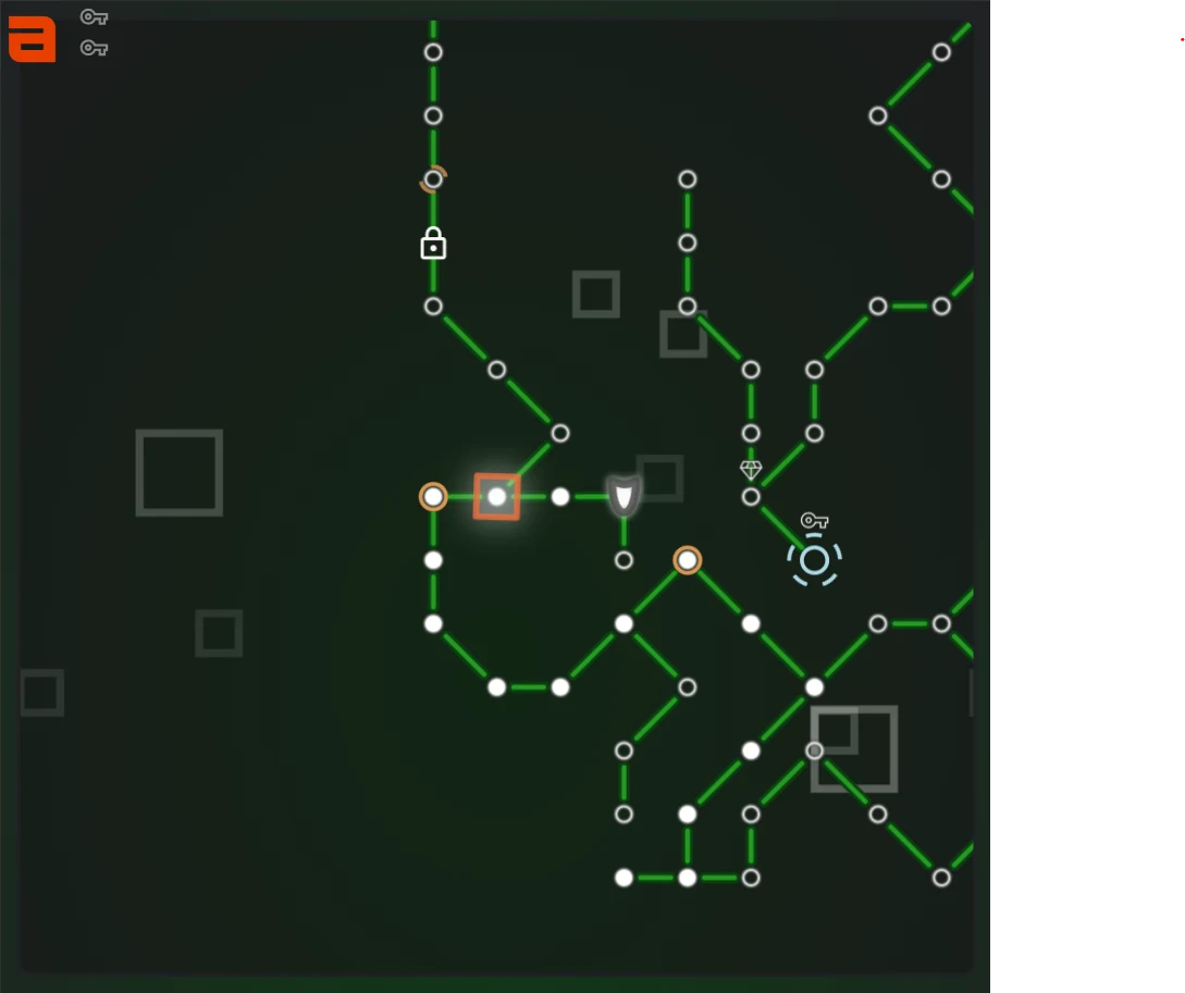 Alpha Maze screenshot showing a green maze route with a lock and key marker