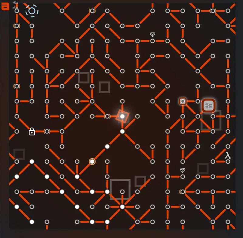 Alpha Maze screenshot showing a red maze route with multiple branches and locks